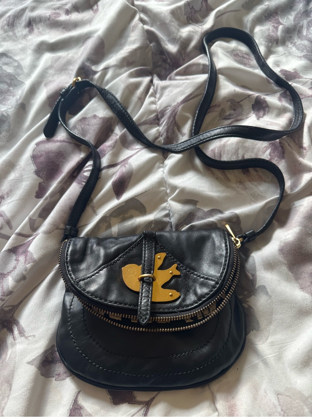 Marc Jacobs Black Leather Crossbody with Gold Bird Accent